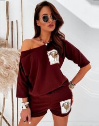 Къс дамски сет блуза и къси панталонки в цвят бордо - код 1407
