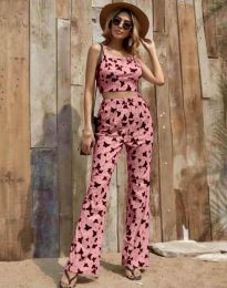 Дамски комплект потник и панталон в розово с десен на пеперуди - код 6899