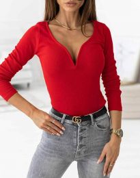 Стилна дамска блуза рипс с дълбоко деколте в червено - код 12048