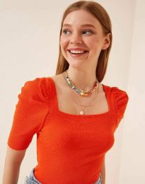 Дамска блуза с атрактивни ръкави рипс в оранжево - код 1300